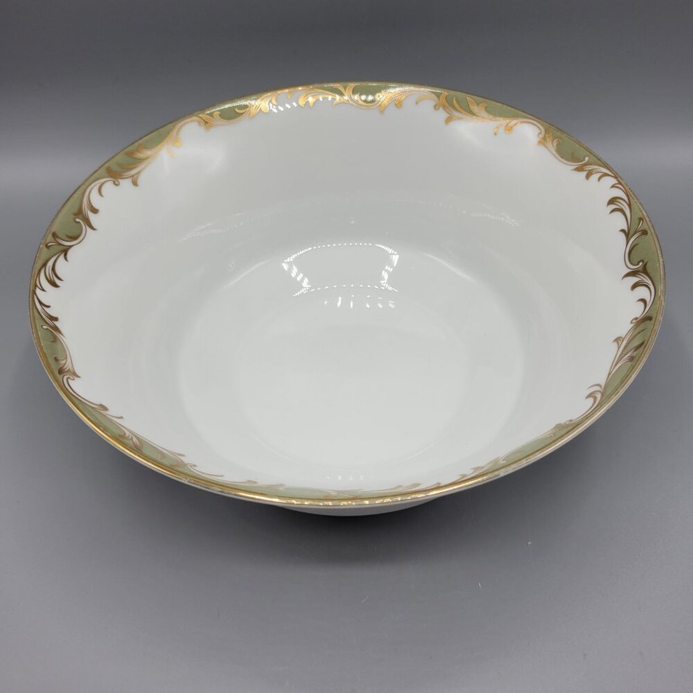 Vintage Sango China Chateau 3627 Rimmed Serving Bowl Gold Green Scrolls 9" Japan